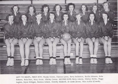 Two rows of 8 female basketball players sitting on bleachers. the students are wearing their uniform shorts, shoes and a dark colored jacket.