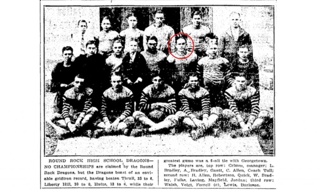 Team photo of the 1925 Dragon football team. Gene Loving is circled in red.