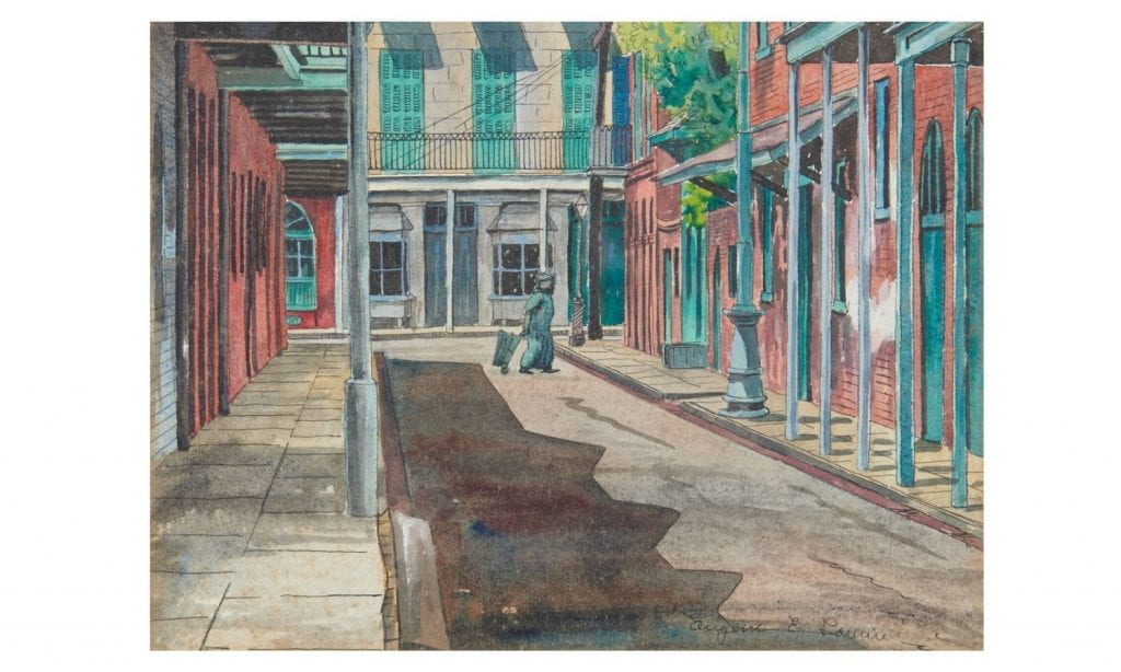Watercolor of New Orleans Street. there is a shadow on the left and a person crossing the street.